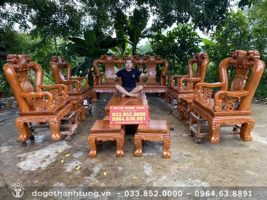 Bộ bàn ghế phòng khách mẫu Quốc đào 10 món tay cột 14 gỗ gõ đỏ