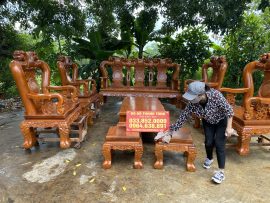 Bộ bàn ghế phòng khách mẫu Quốc đào 10 món tay cột 14 gỗ gõ đỏ