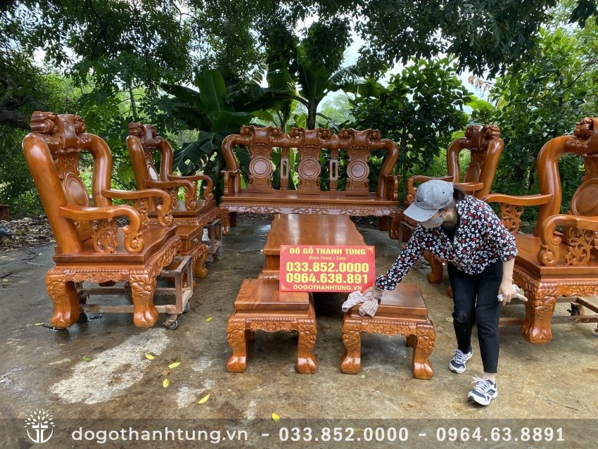 Bộ bàn ghế phòng khách mẫu Quốc đào 10 món tay cột 14 gỗ gõ đỏ