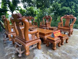 Bộ bàn ghế phòng khách mẫu Quốc đào 10 món tay cột 14 gỗ gõ đỏ