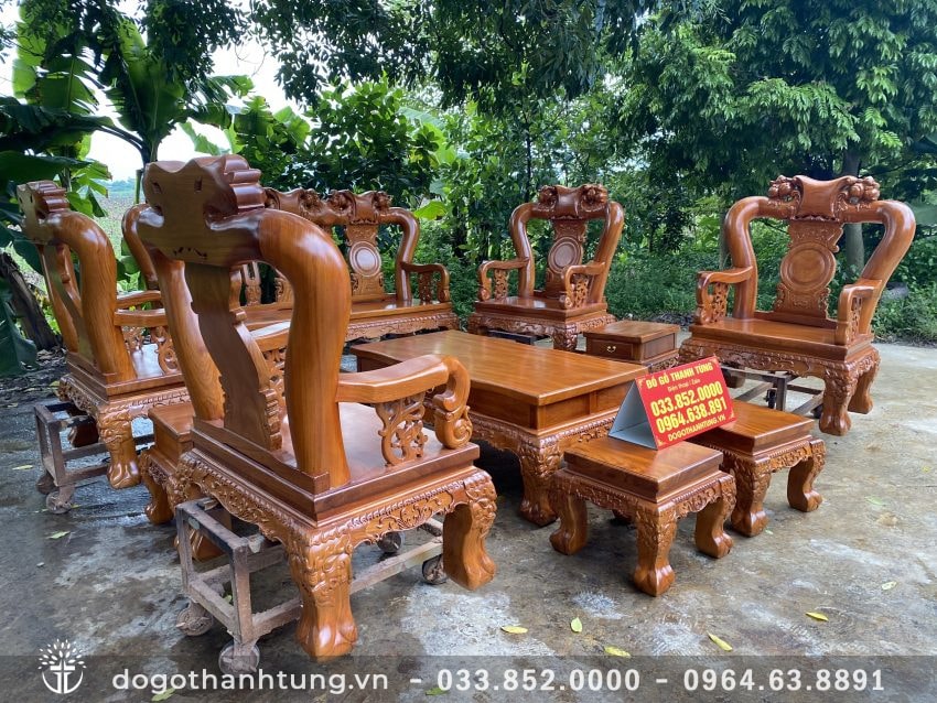 Bộ bàn ghế phòng khách mẫu Quốc đào 10 món tay cột 14 gỗ gõ đỏ