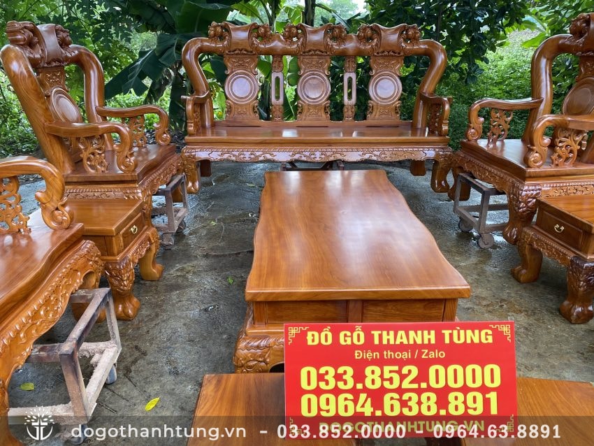Bộ bàn ghế phòng khách mẫu Quốc đào 10 món tay cột 14 gỗ gõ đỏ