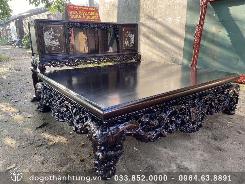 Siêu phẩm sập thập điểu quần mai 100% gỗ gụ – Góc nghiêng thần thánh, nhìn được nét đục hai bên dạ quây