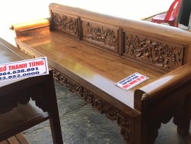 Đoản ghế dài với chương ghế chia làm 3 ô đục Trúc - Sen - Mai và Tùng - Sen - Cúc thủ công tinh xảo