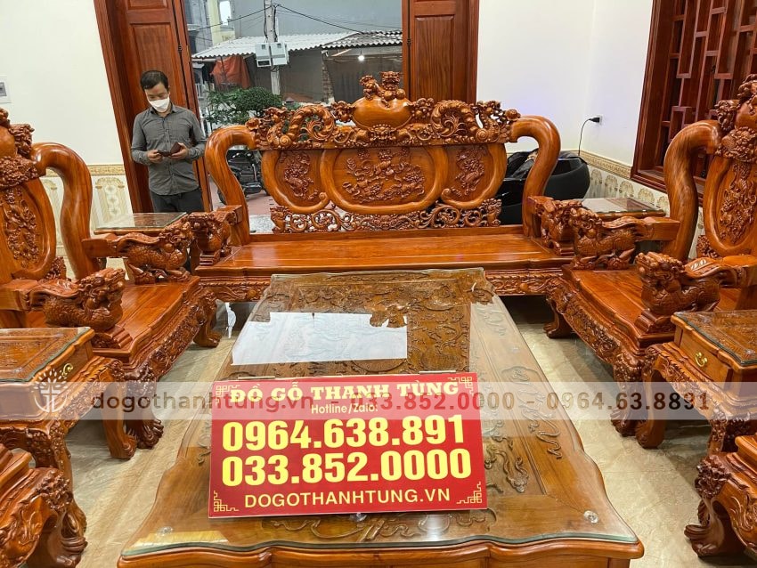combo nội thất phòng khách gỗ hương đá đục thủ công 
