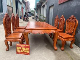 bàn ăn louis hoàng gia tân cổ điển 6 ghế hồng hạt gỗ gõ đỏ