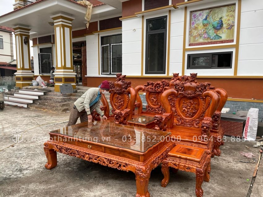 bàn ghế nghê bảo đỉnh tay 14 gỗ hương đá 6 món