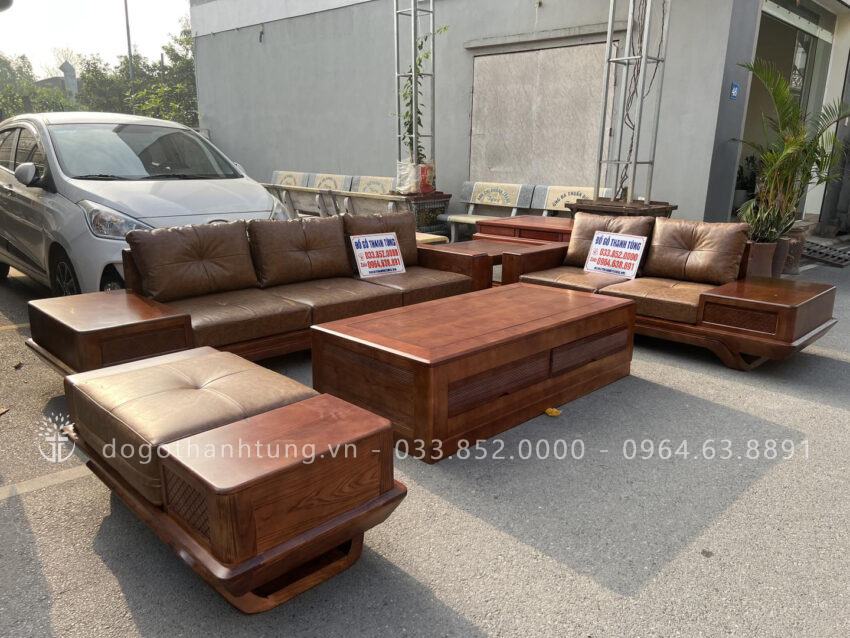 sofa chân vòm chéo gỗ sồi Nga có đệm da cao cấp